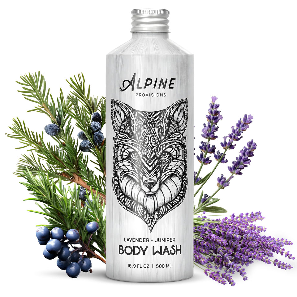 Alpine Provisions lavender and juniper bottle ready for a calming shower