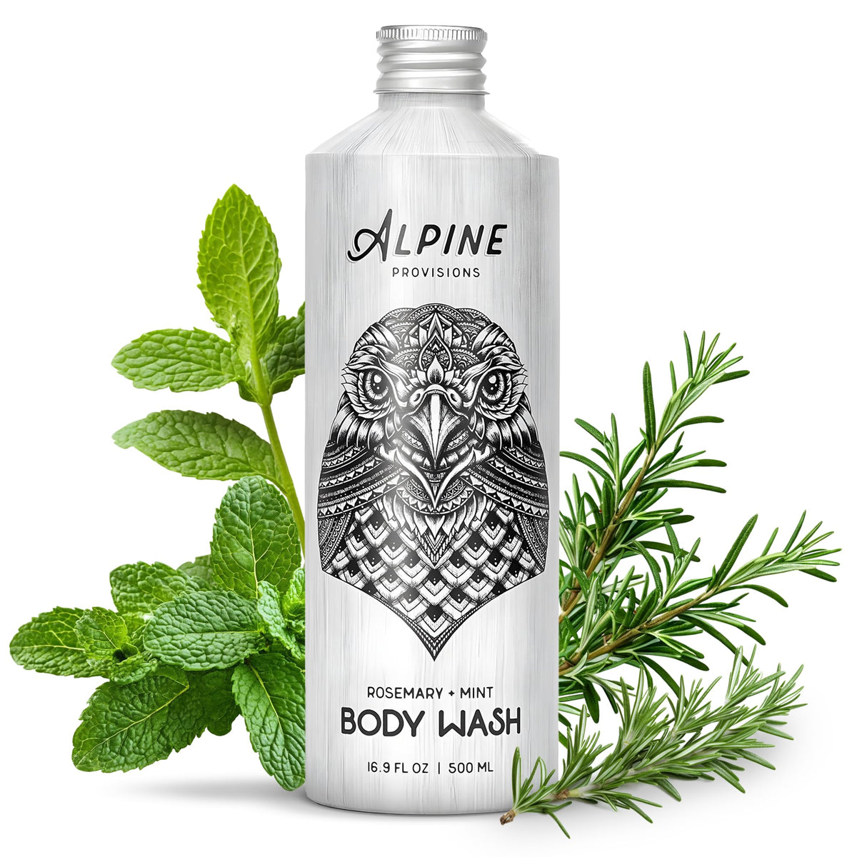 Alpine Provisions rosemary-mint body wash bottle with crisp scent for a refreshing cleanse