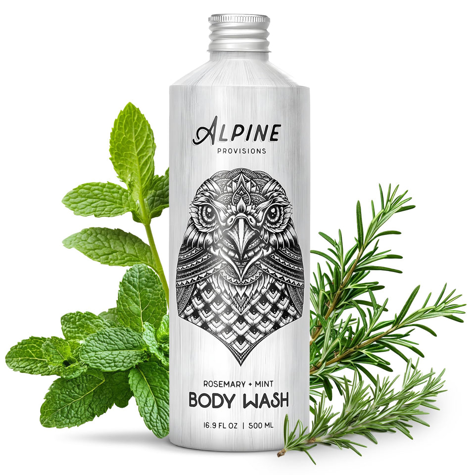 Alpine Provisions rosemary-mint body wash bottle with crisp scent for a refreshing cleanse