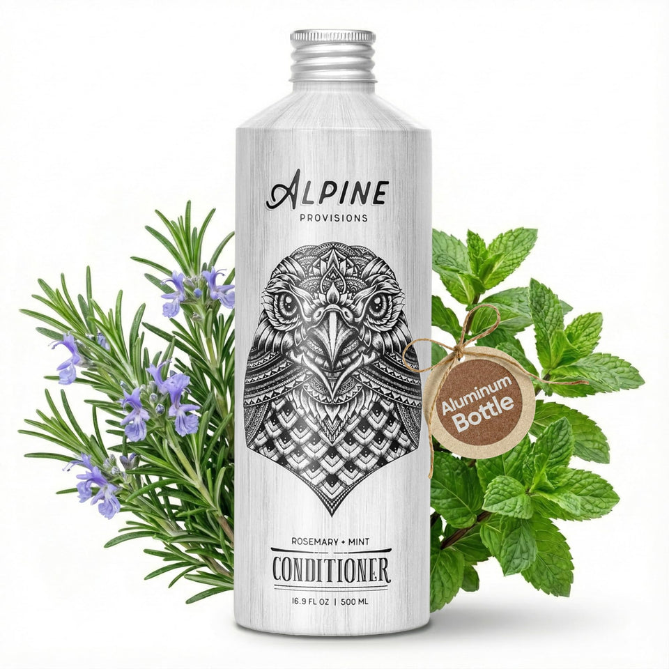 Alpine Provisions Rosemary & Mint conditioner bottle showing nourishing plant-based care for hair