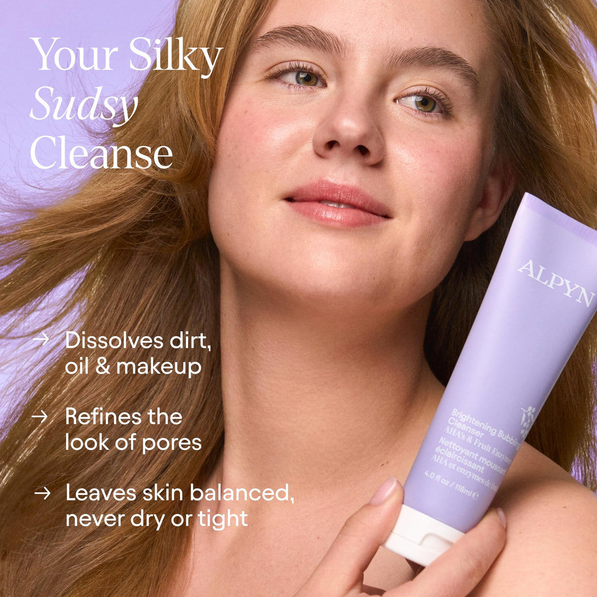 Alpyn Beauty creamy bubbling cleanser close-up shows smooth lather and gentle cleansing