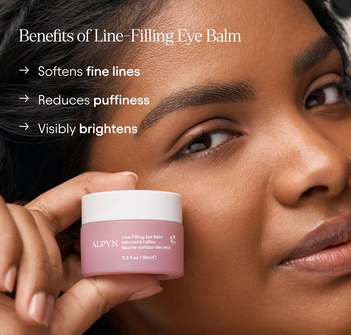 Alpyn Beauty Line-Filling Eye Balm tube application showing quick, balm-like texture on skin.