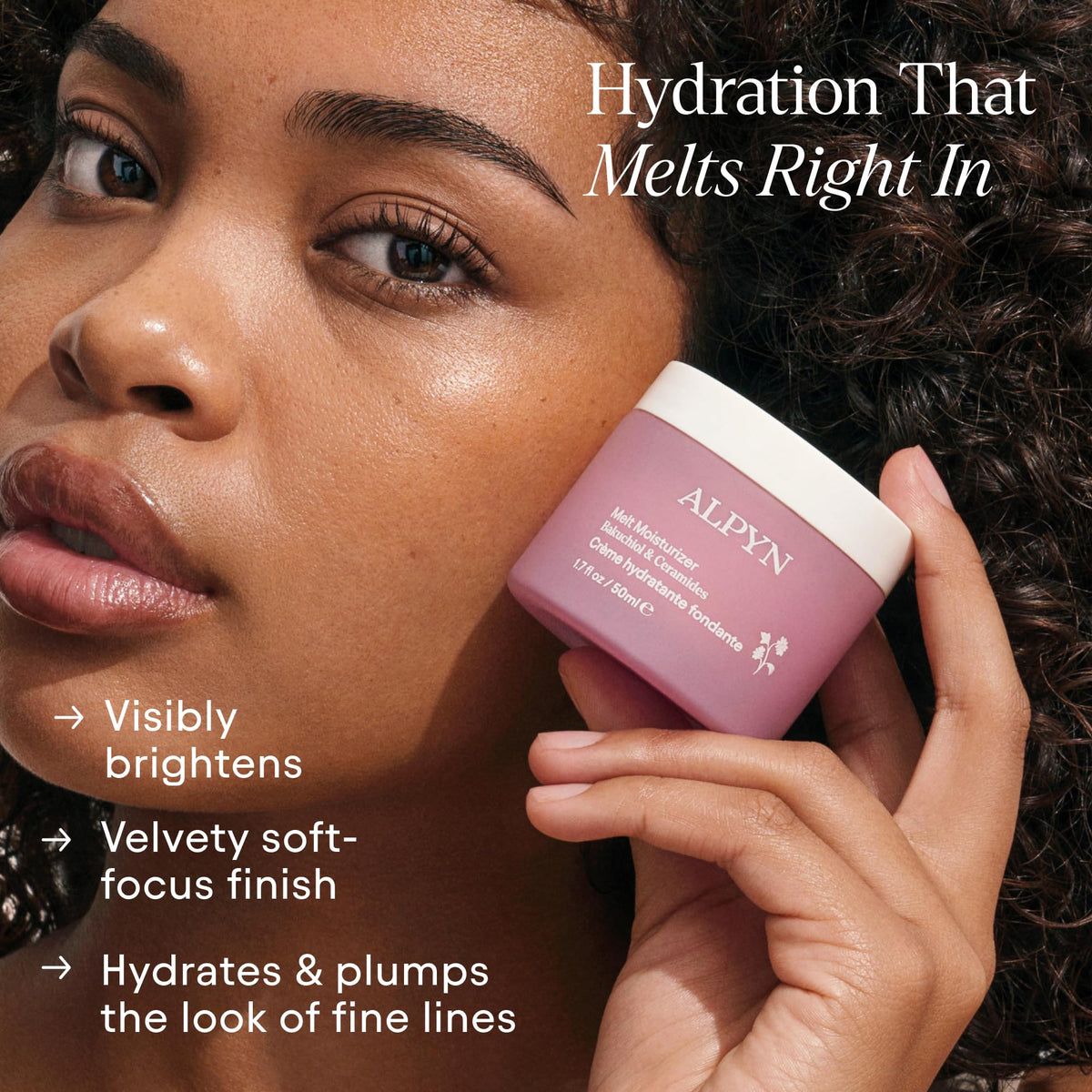 Alpyn Beauty Melt Moisturizer texture swatch showing creamy melt-in formula for hydration.