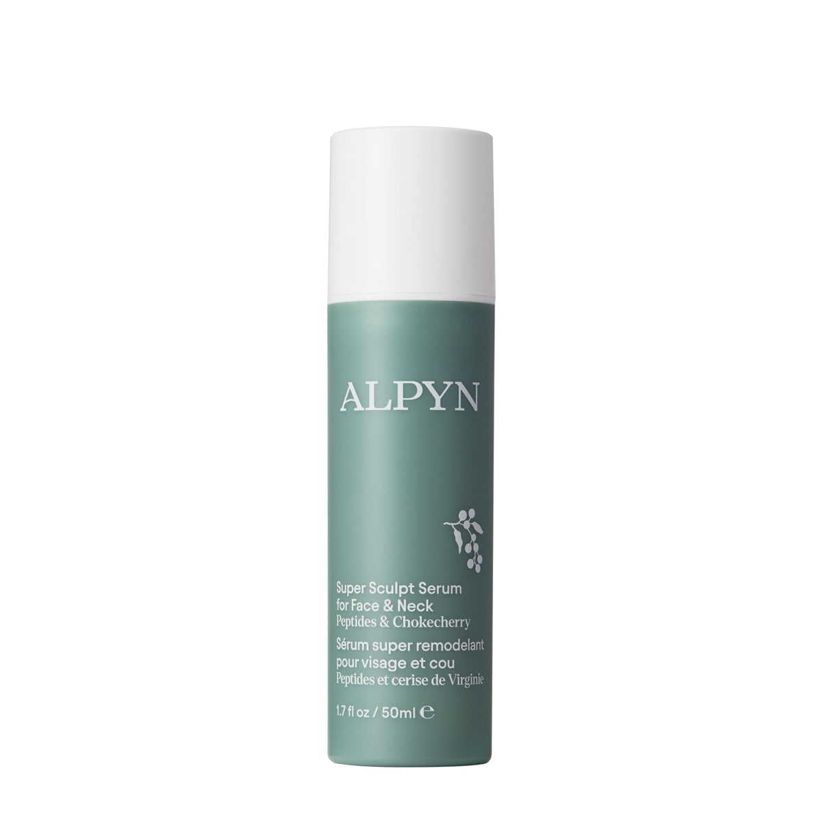 Alpyn Beauty Super Sculpt Serum bottle showcases tri-peptide firming formula for a lifted look.