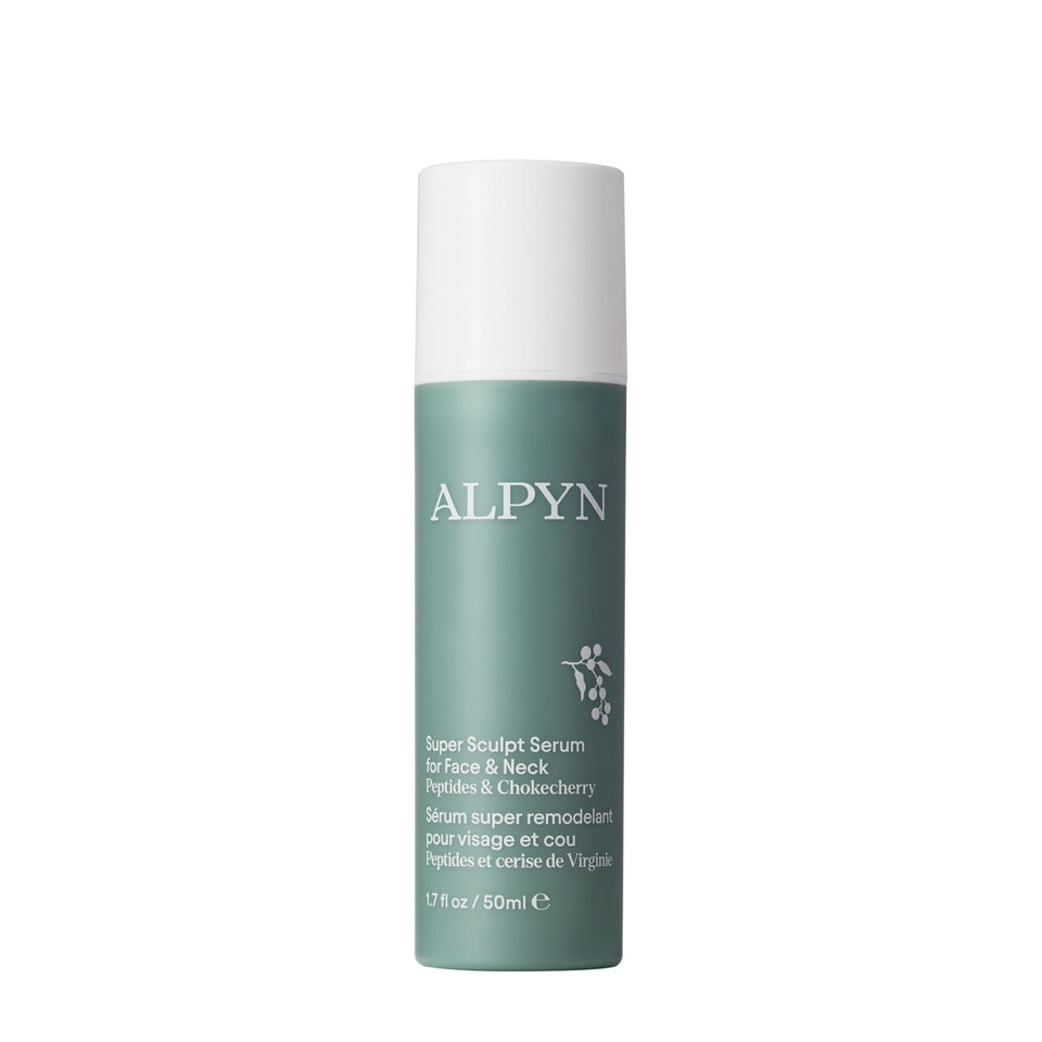 Alpyn Beauty Super Sculpt Serum bottle showcases tri-peptide firming formula for a lifted look.