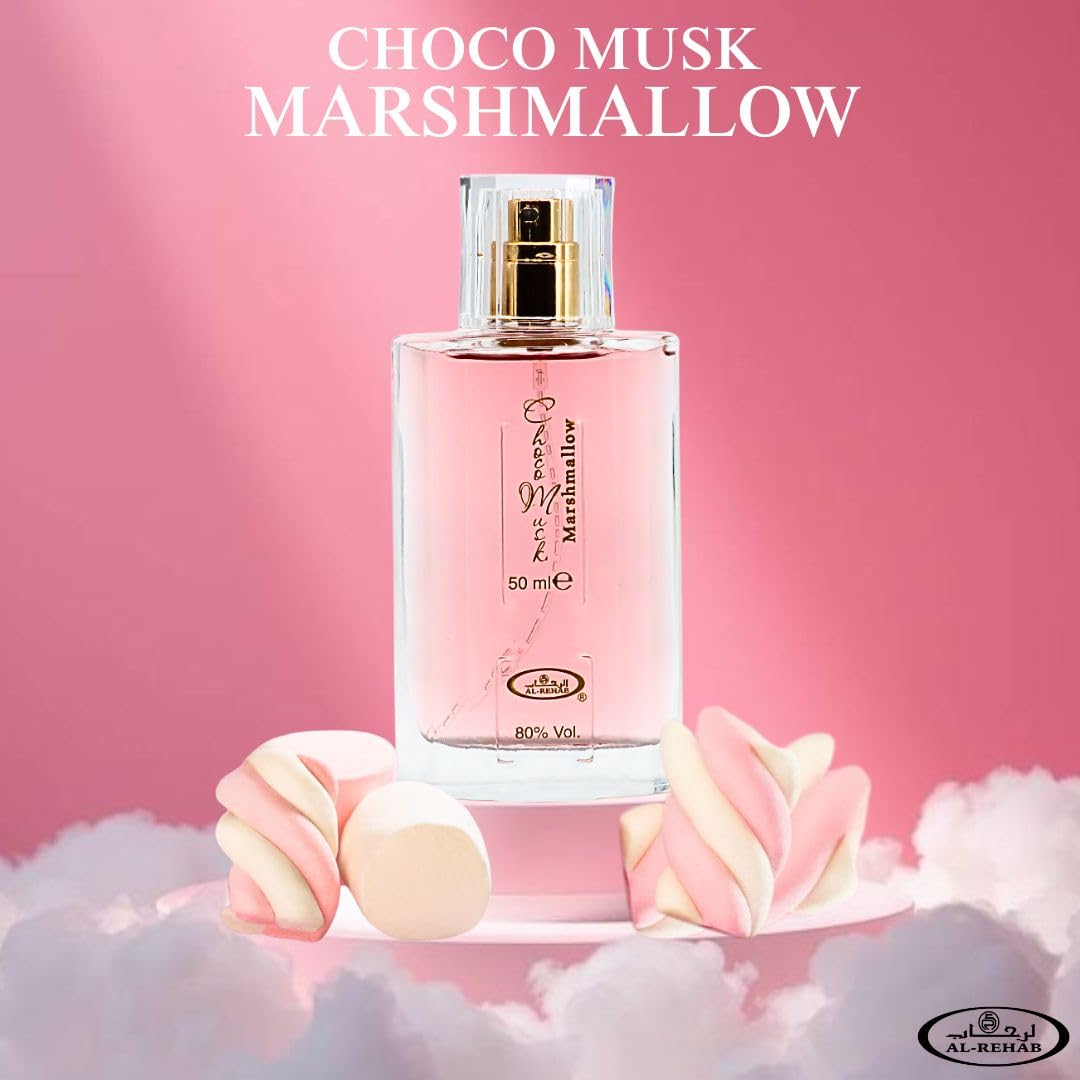 Al-Rehab Choco Musk EDP heart notes reveal vanilla and cacao for a cozy feel.