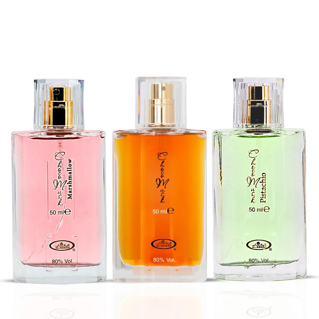Al-Rehab Choco Musk Marshmallow EDP bottle shows creamy sweetness with strawberry accents.
