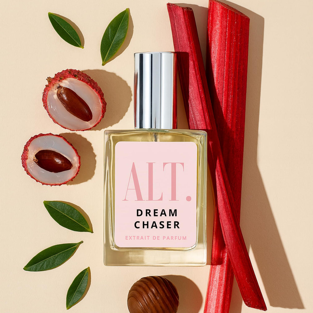 ALT. FRAGRANCES Dream Chaser bottle closeup highlights the floral heart with peony and Turkish rose.