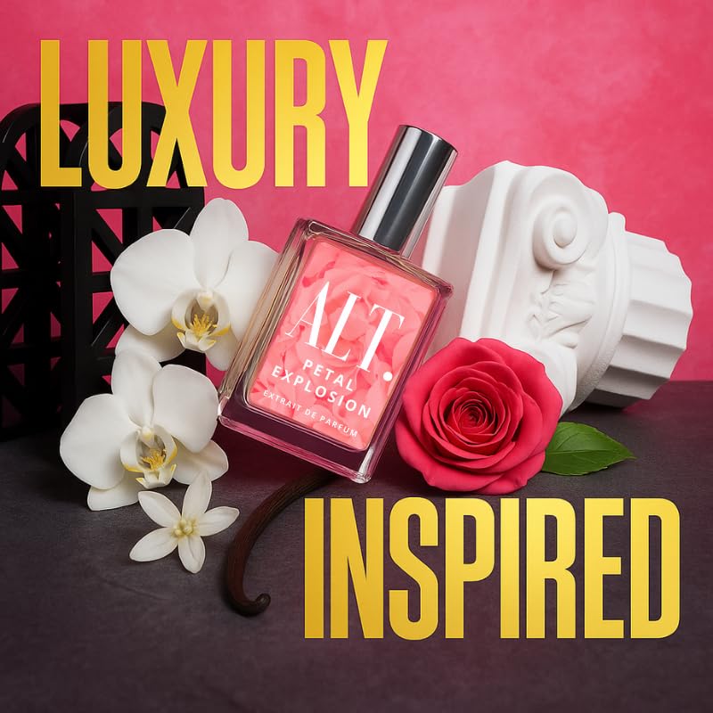 ALT. FRAGRANCES Petal Explosion bottle closeup reveals jasmine and orchid notes for lasting elegance.
