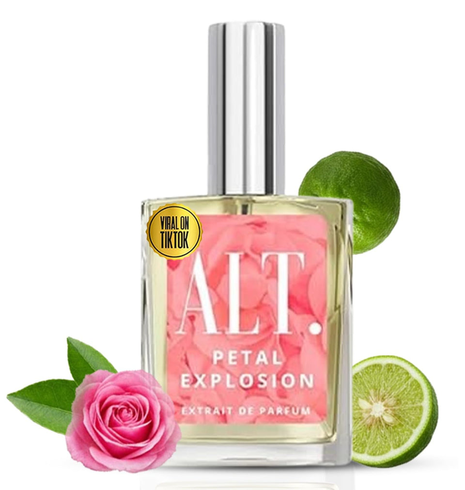 ALT. FRAGRANCES Petal Explosion bottle front, radiant floral scent ideal for daily wear.