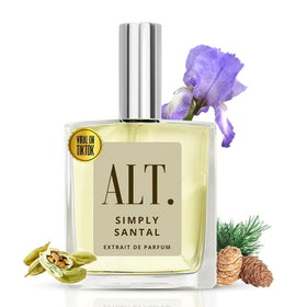 ALT. FRAGRANCES Simply Santal bottle pouring for daily woody elegance