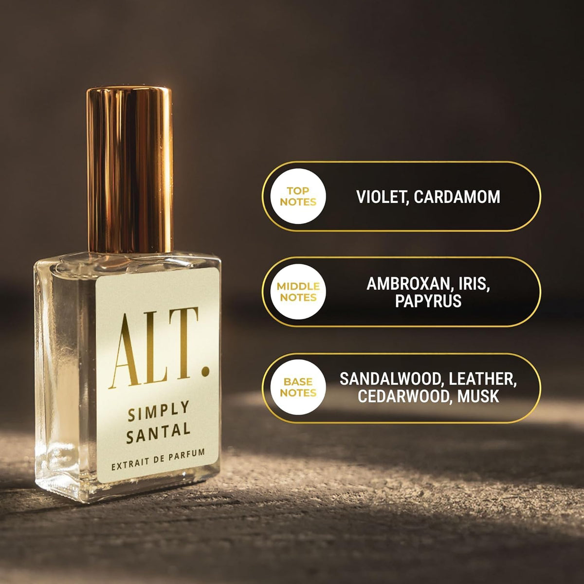 ALT. FRAGRANCES Simply Santal leather accents convey confidence and modern style