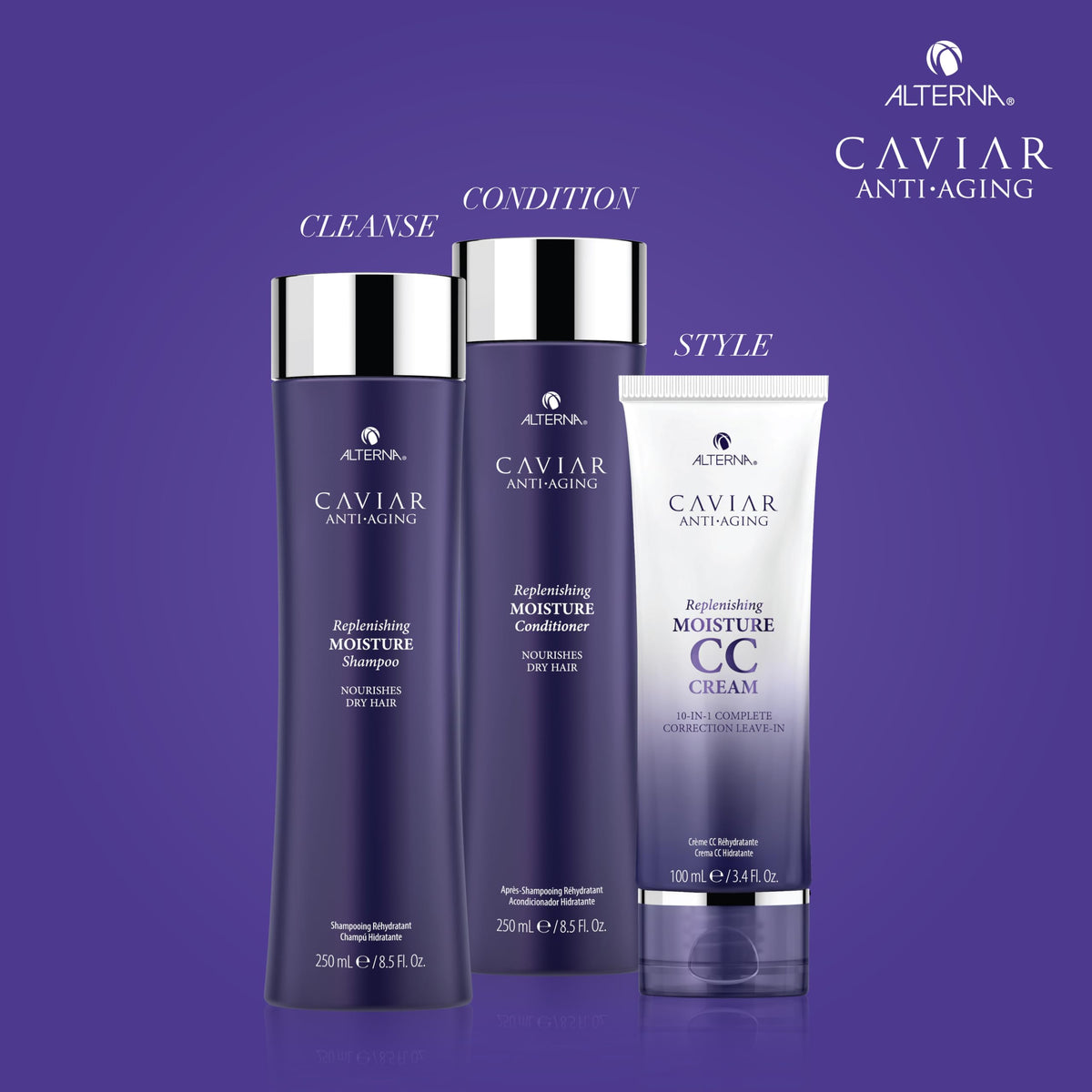 Alterna Caviar Anti-Aging hair routine close-up showing nourishment and moisture.