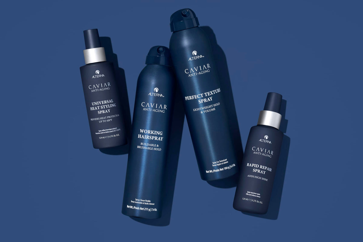 Alterna CAVIAR Anti-Aging spray on damp hair reduces frizz and adds manageability.