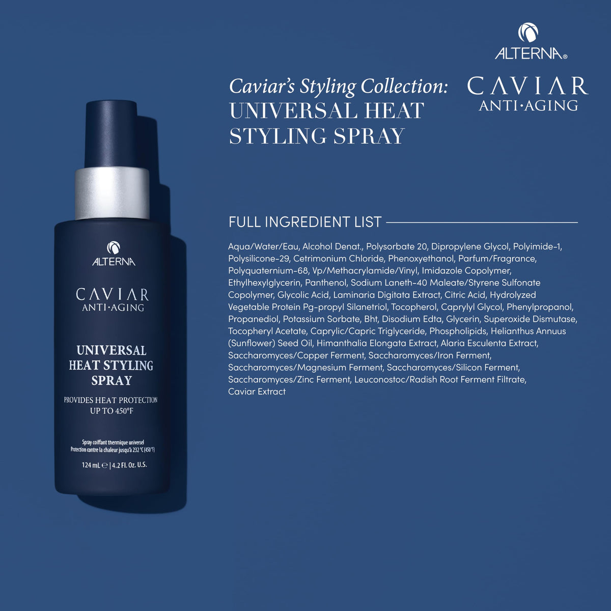 Alterna CAVIAR Anti-Aging spray on dry hair protects heat styling tools.