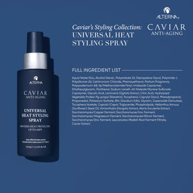 Alterna CAVIAR Anti-Aging spray on dry hair protects heat styling tools.