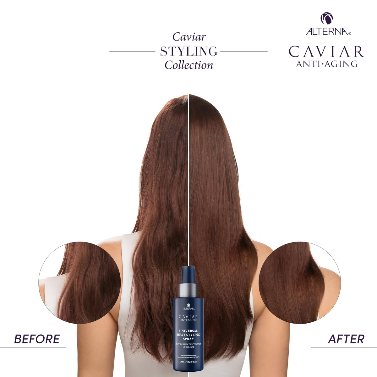 Alterna CAVIAR Anti-Aging spray bottle delivers lightweight, quick-drying mist.