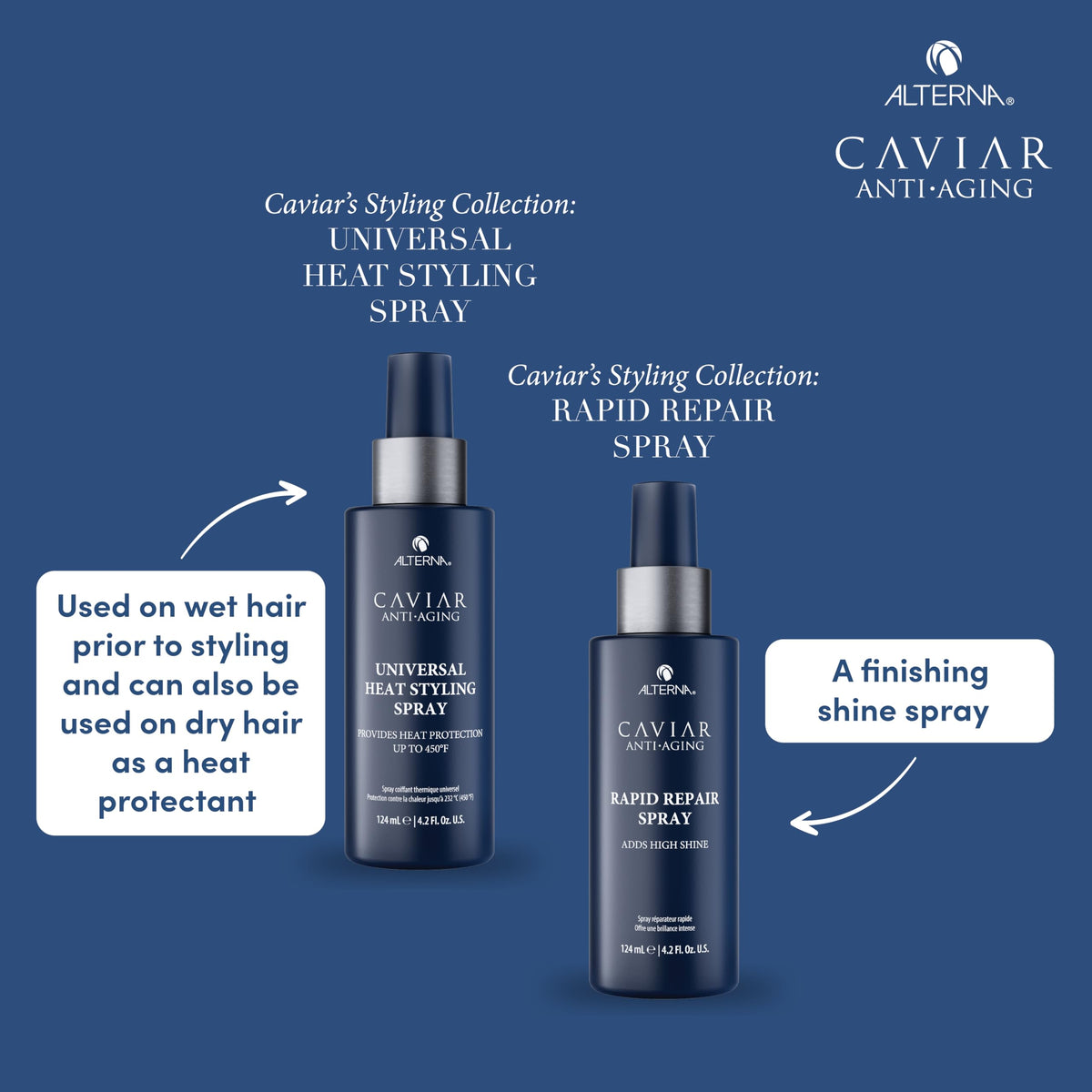 Alterna CAVIAR Anti-Aging Universal Heat Styling Spray adds smoothing and shine after styling.