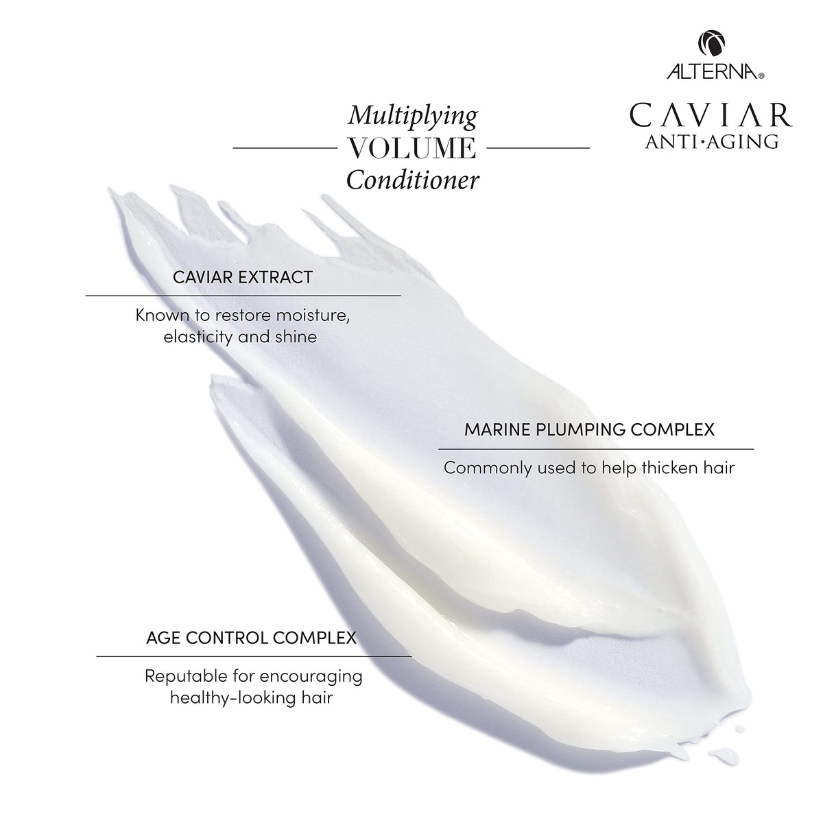 Alterna CAVIAR Anti-Aging Multiplying Volume Conditioner bottle front promising fullness.