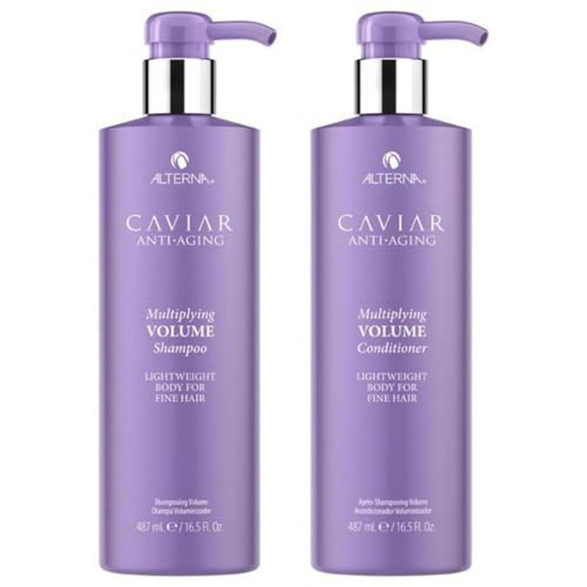 Alterna CAVIAR Anti-Aging Multiplying Volume Shampoo bottle front showing volume boost for fine hair.