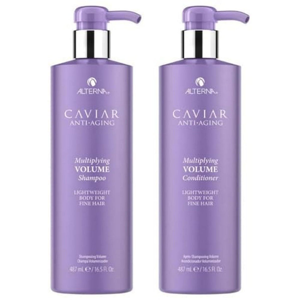 Alterna CAVIAR Anti-Aging Multiplying Volume Shampoo bottle front showing volume boost for fine hair.