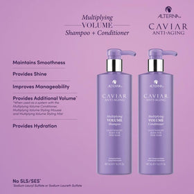 Alterna CAVIAR Anti-Aging Shampoo close-up of Seasilk and omega-3 ingredients for strength.