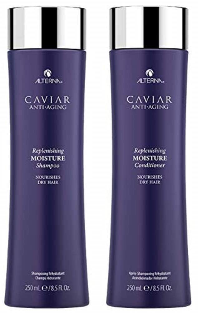 Alterna Caviar Anti-Aging Replenishing Moisture Shampoo bottle delivering hydration for dry hair