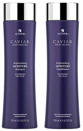 Alterna Caviar Anti-Aging Replenishing Moisture Shampoo bottle delivering hydration for dry hair