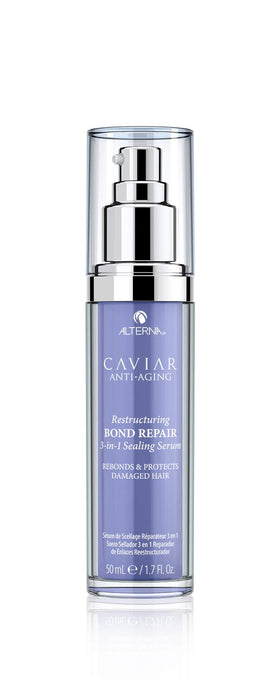 Alterna Caviar Anti-Aging serum bottle showing bond repair and hair protection