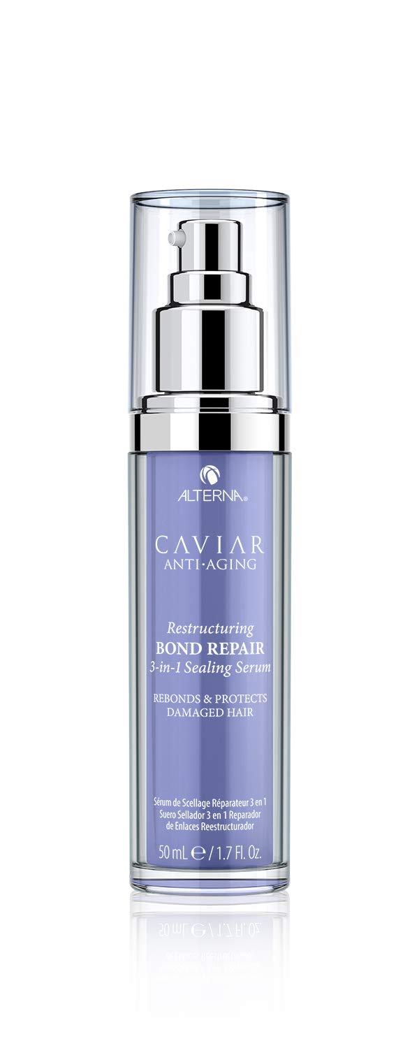 Alterna Caviar Anti-Aging serum bottle showing bond repair and hair protection