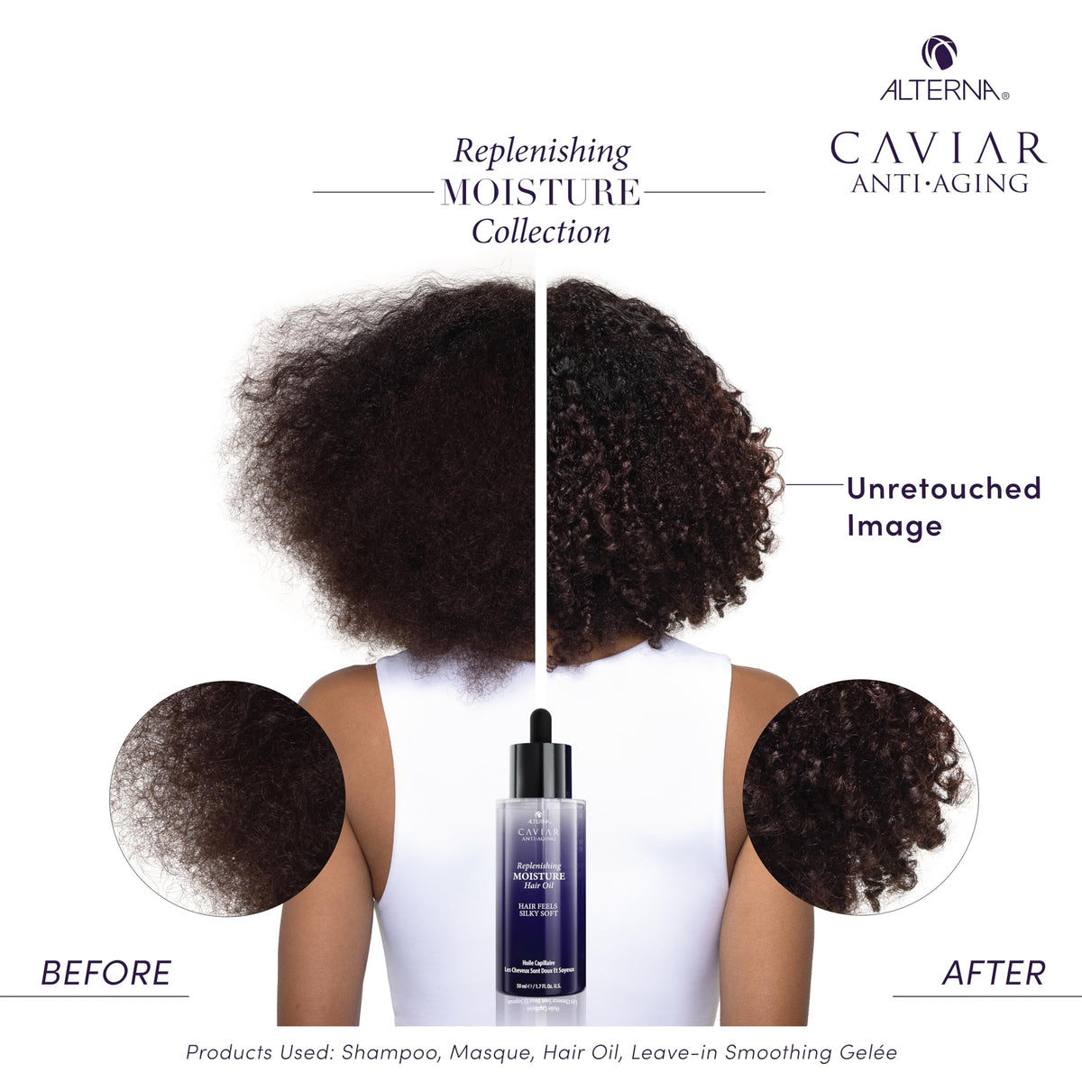 Alterna CAVIAR Anti-Aging Moisture Oil applied to damp hair for better manageability