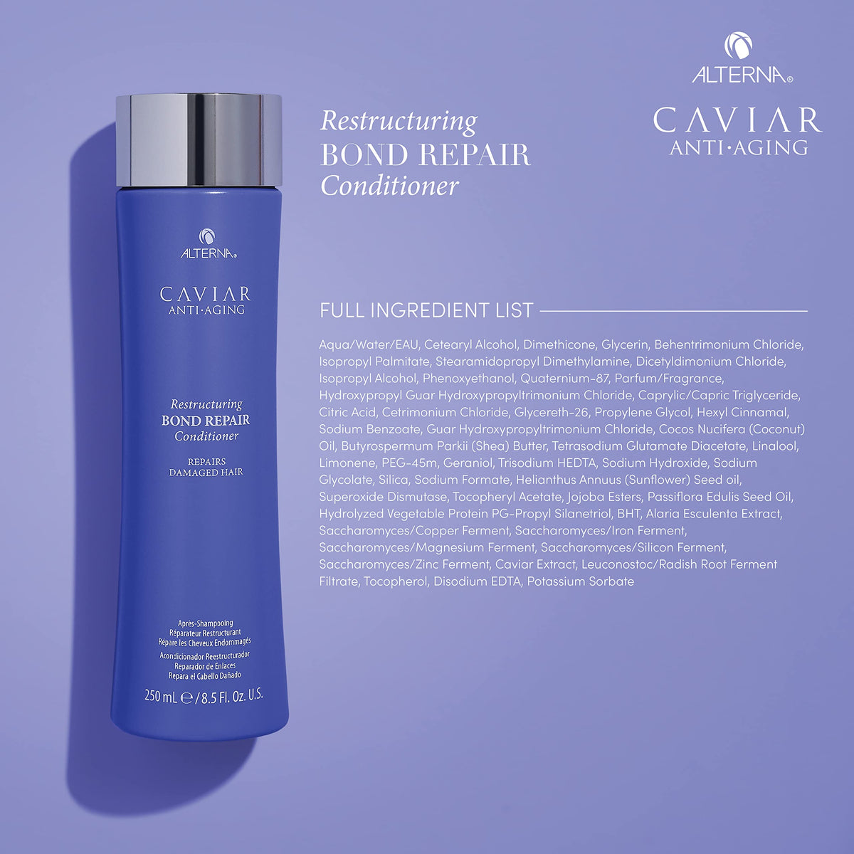 Alterna Caviar Bond Repair Conditioner label close-up, highlighting sulfate-free, color-safe benefits.