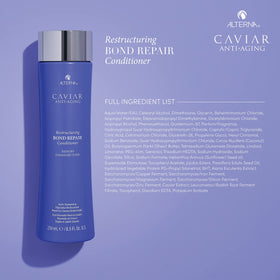 Alterna Caviar Bond Repair Conditioner label close-up, highlighting sulfate-free, color-safe benefits.