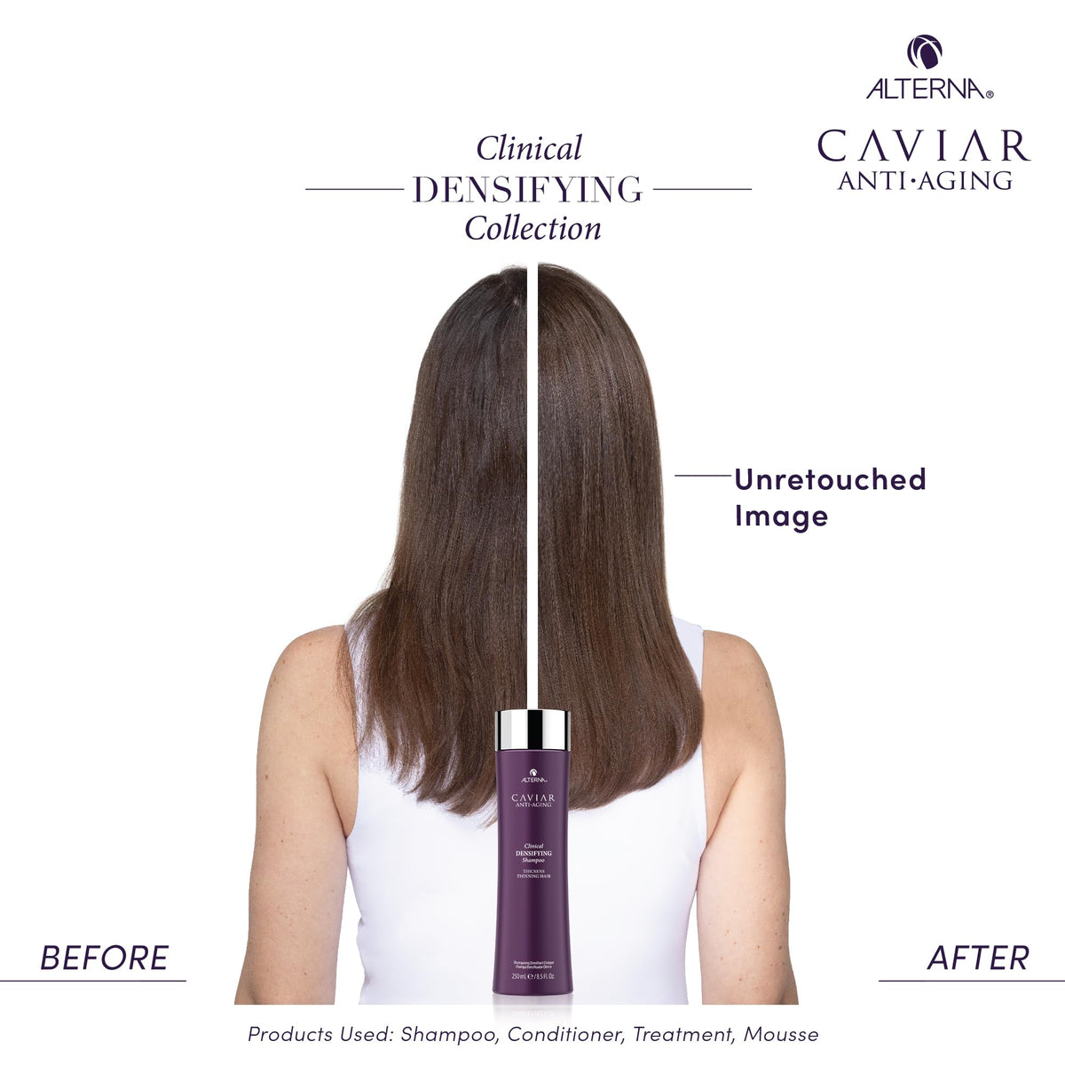 Alterna CAVIAR bottle close-up with label detailing detox and densifying benefits.