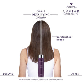 Alterna CAVIAR bottle close-up with label detailing detox and densifying benefits.