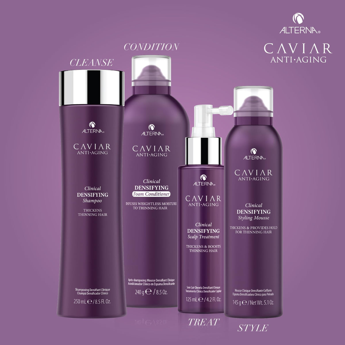 Alterna CAVIAR bottle on vanity conveys luxurious haircare experience.