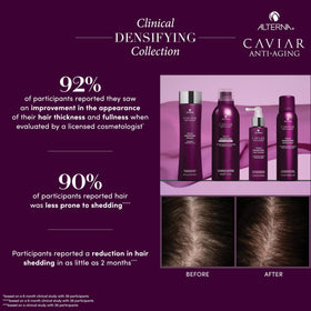 Alterna CAVIAR shampoo bottle on sink for daily cleansing routine.