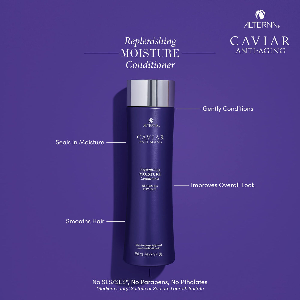 Back of Alterna conditioner bottle with ingredients and usage cues for moisture.