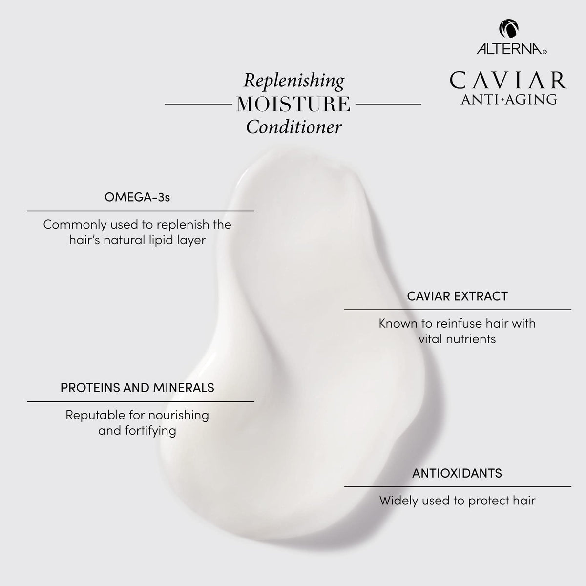 Creamy texture close-up of Alterna conditioner for softer hair.