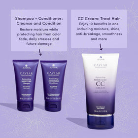 Alterna Replenishing Moisture Shampoo travel size bottle for hydrating, color-safe cleansing.