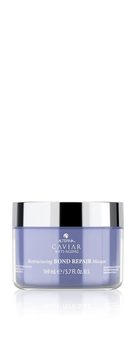 Alterna Caviar Anti-Aging Bond Repair Masque bottle pour highlights luxurious hydration for damaged hair