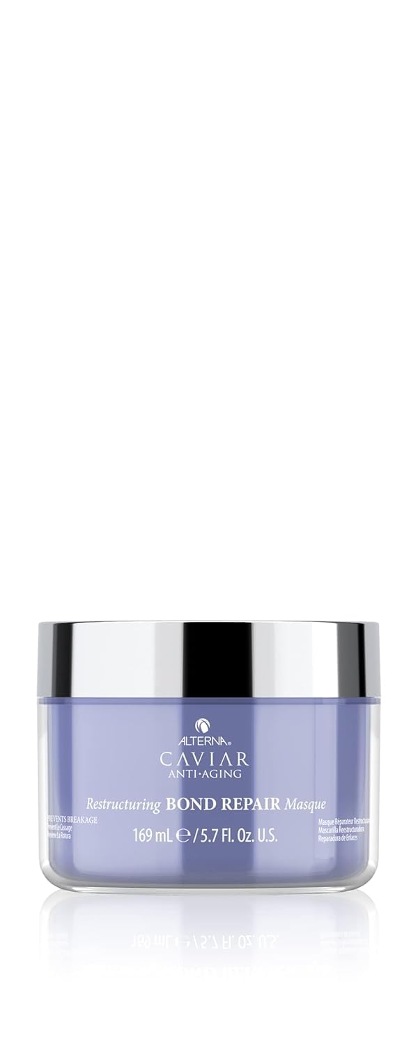 Alterna Caviar Anti-Aging Bond Repair Masque bottle pour highlights luxurious hydration for damaged hair