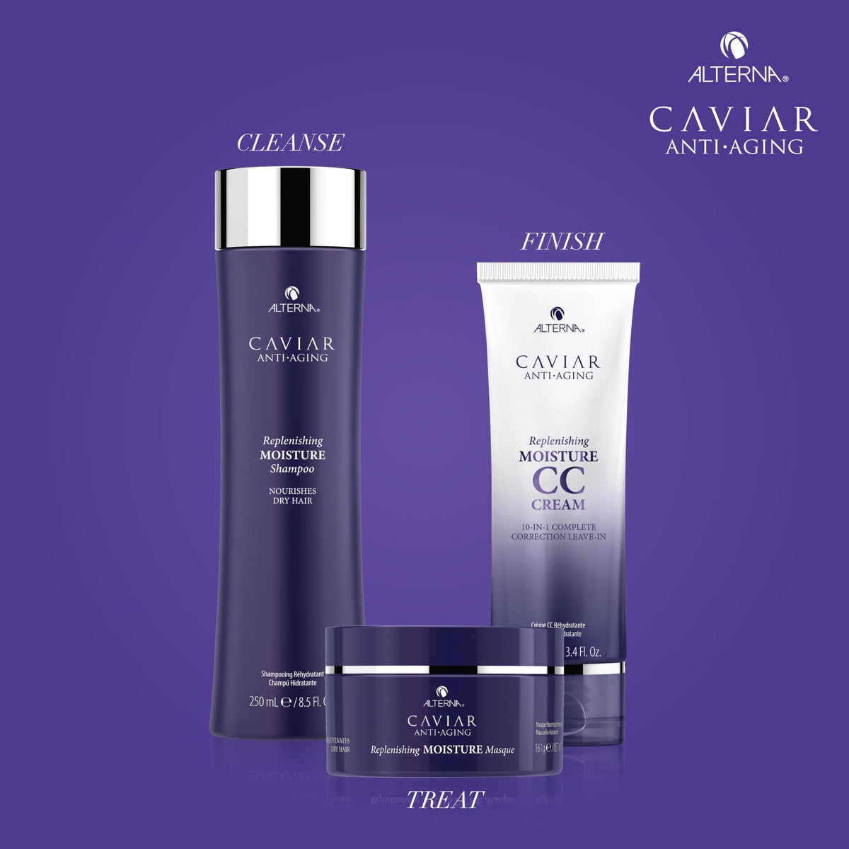 Alterna Caviar hair silky shine finish demonstrates luminous, healthy-looking hair.