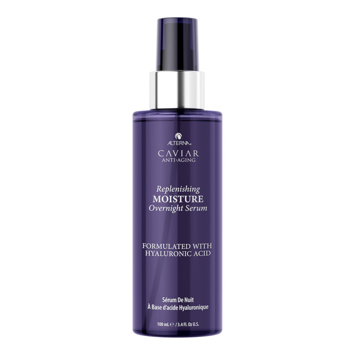 Alterna Caviar Overnight Serum bottle on nightstand showing hydration promise