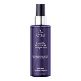 Alterna Caviar Overnight Serum bottle on nightstand showing hydration promise