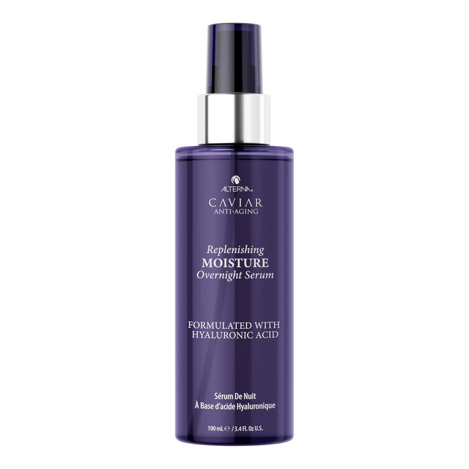 Alterna Caviar Overnight Serum bottle on nightstand showing hydration promise