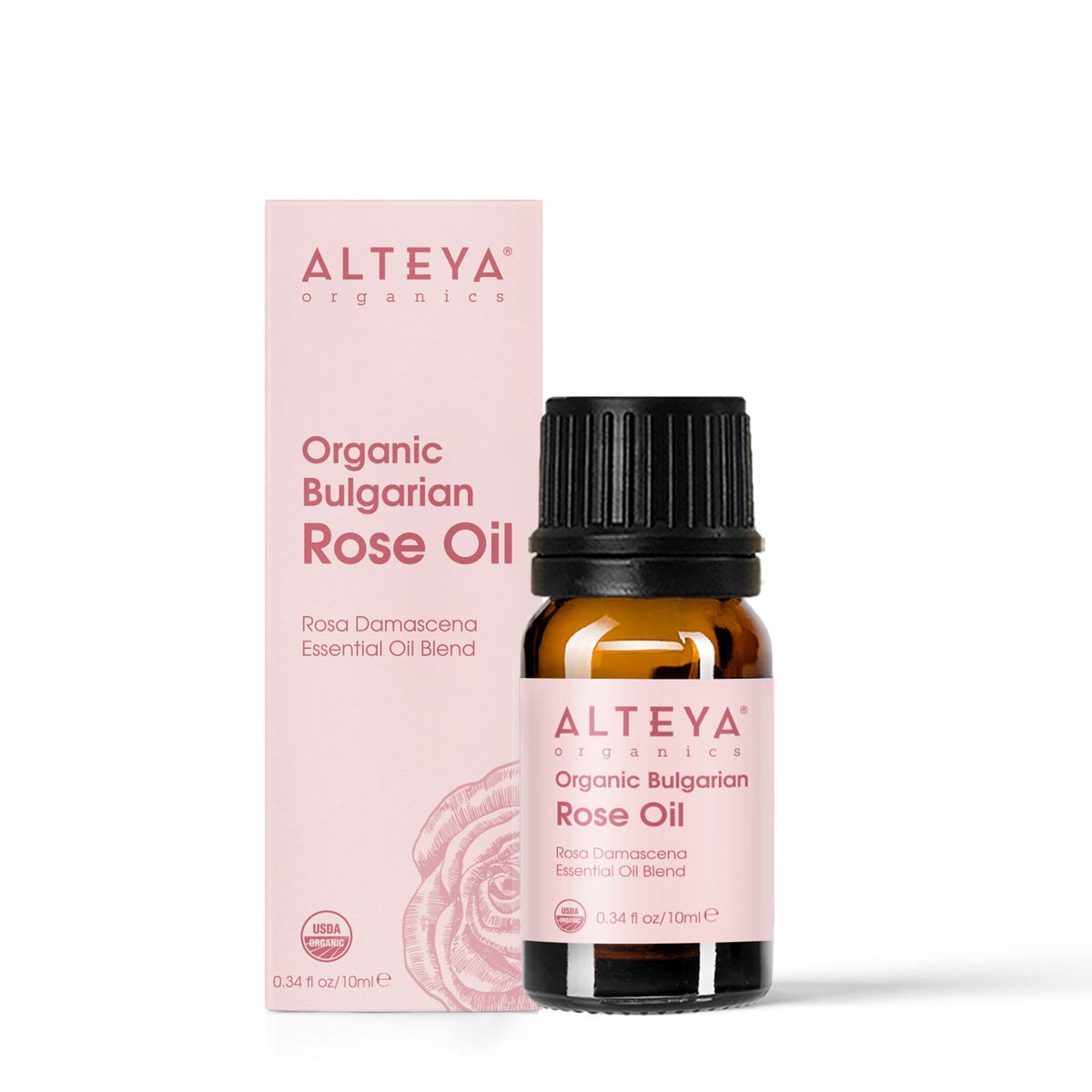 Alteya Organic Bulgarian Rose Oil bottle close-up for premium skincare and fragrance