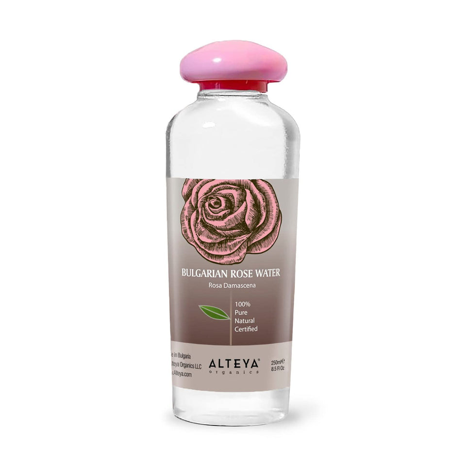 Alteya Organics Rose Water bottle close-up, showcasing pure hydration for the face.