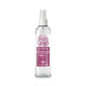 Alteya Organics Rose Water bottle pour for skincare and hydration.