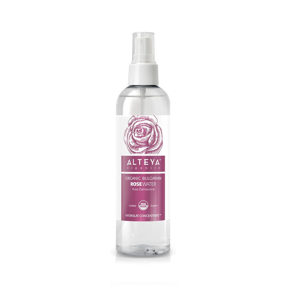Alteya Organics Rose Water bottle pour for skincare and hydration.
